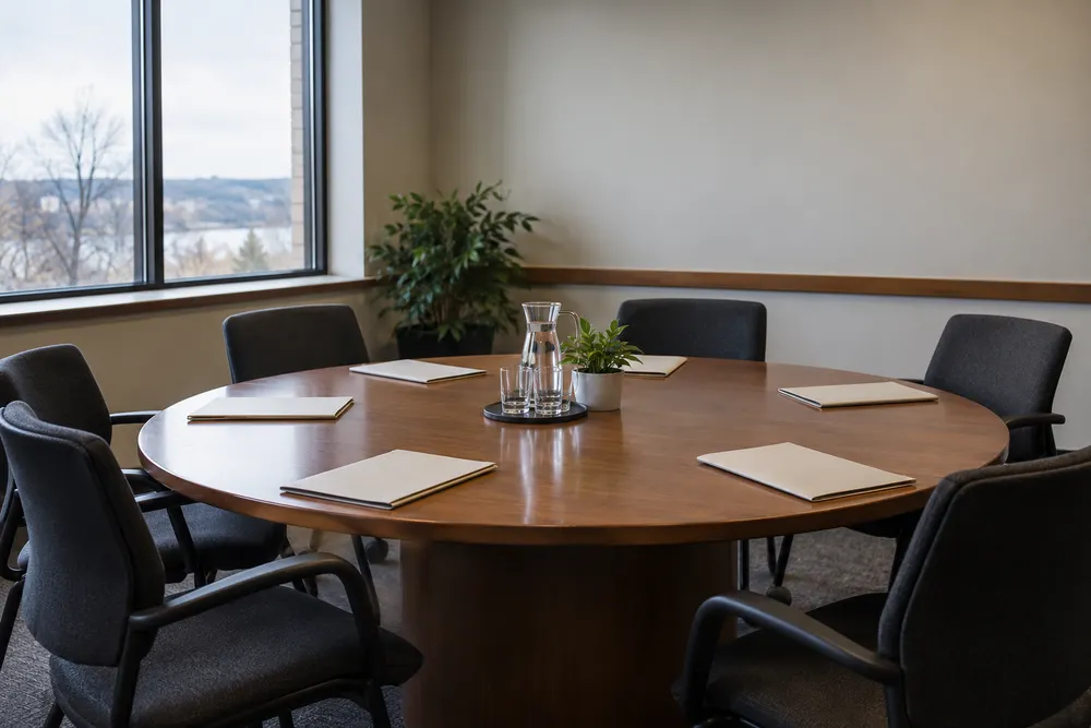 A generic Minnesota public-safety policy meeting room with empty chairs, paper folders and soft natural light