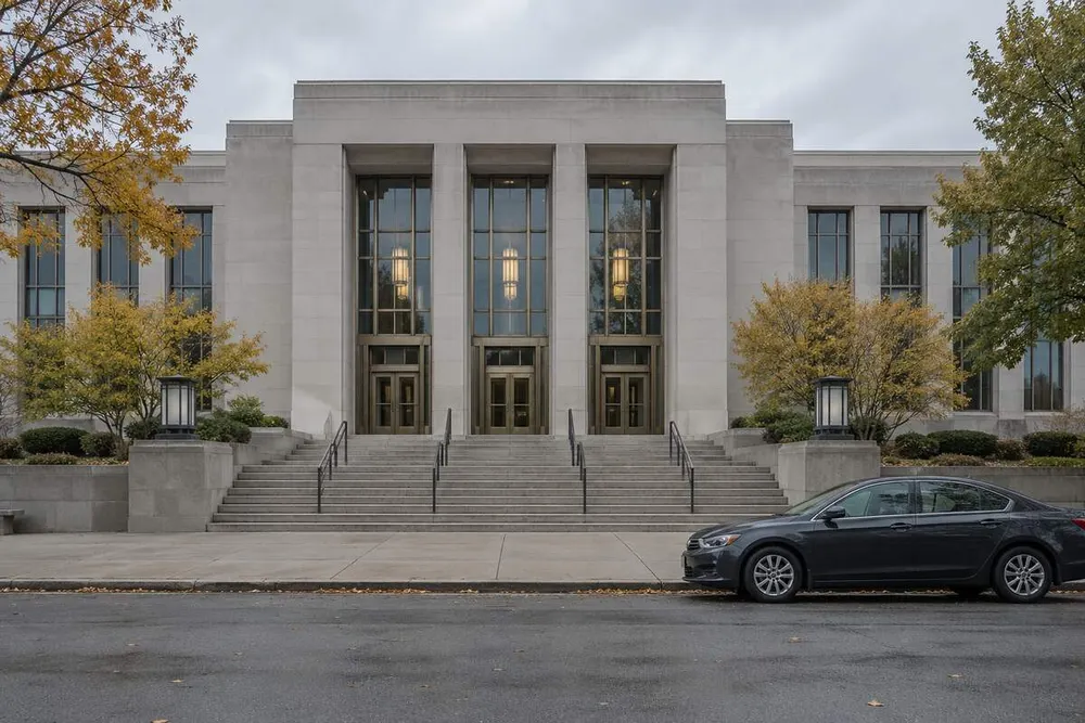 Conceptual view of a generic Minnesota courthouse on an overcast autumn morning