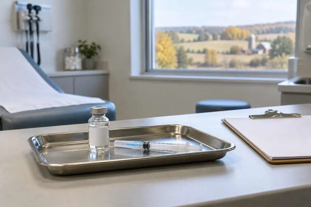 Generic vaccine vial and capped syringe in a rural Minnesota clinic examination room