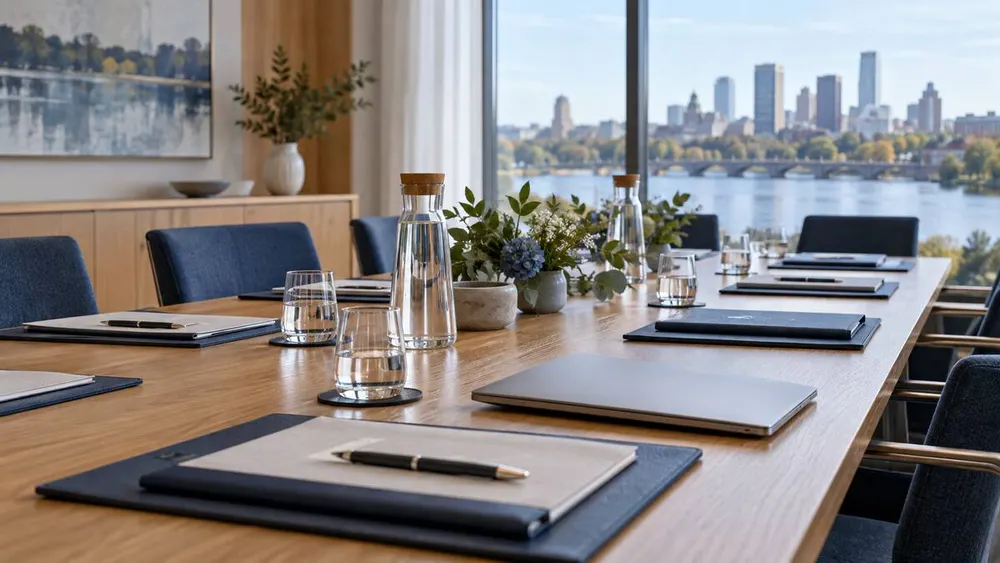 An empty conference table prepared for an international business meeting with a Minnesota city skyline beyond the windows.