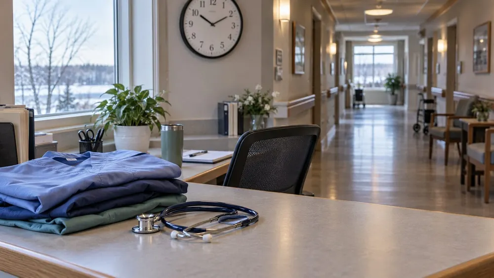 A quiet nursing-home staff work area with folded scrubs and a stethoscope beside a softly lit corridor.