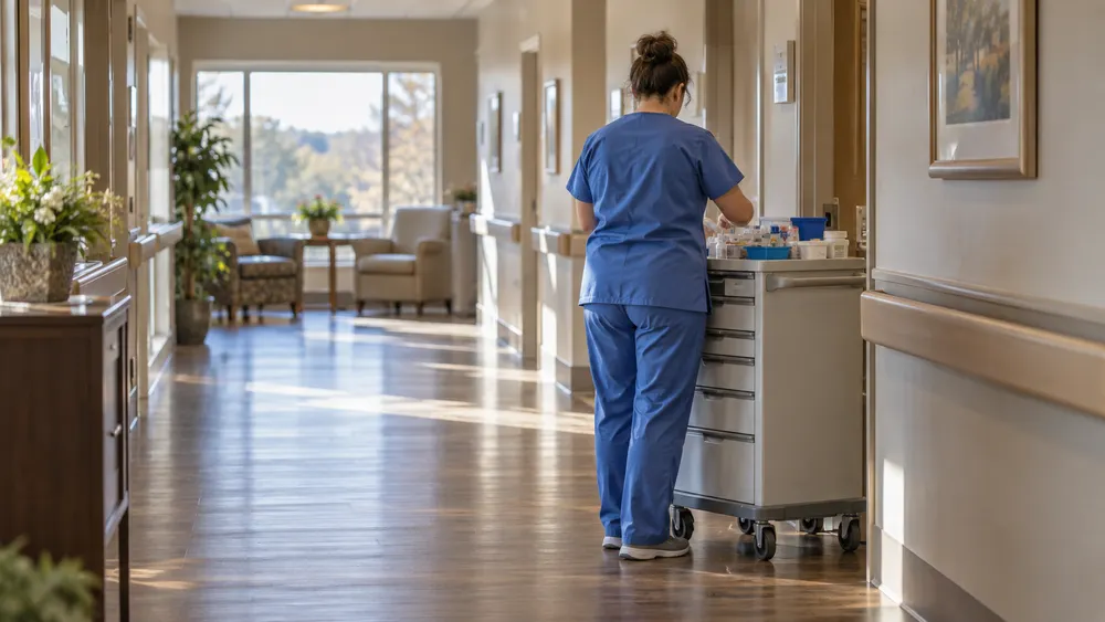 A healthcare worker in blue scrubs arranging a cart in a quiet nursing-home corridor.