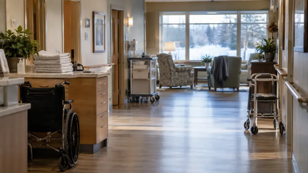 Illustrative interior of a Minnesota nursing home corridor with mobility aids and a care station