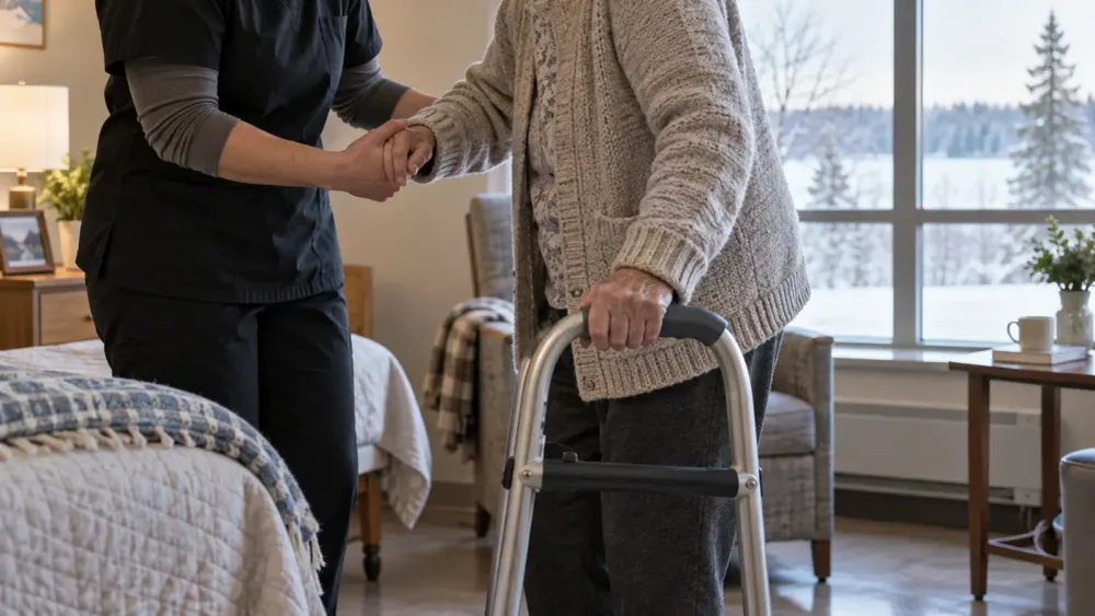 A caregiver assists an older nursing-home resident using a walker in a generic care-room setting