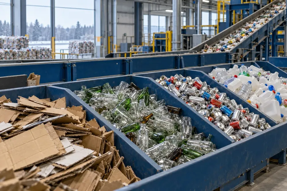 Sorted cardboard, glass, aluminum and plastic at a generic materials recovery facility.