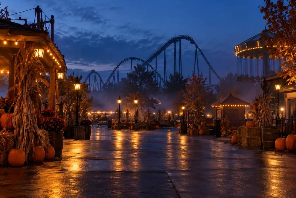 Conceptual Halloween-decorated amusement park midway at blue hour with an empty roller coaster