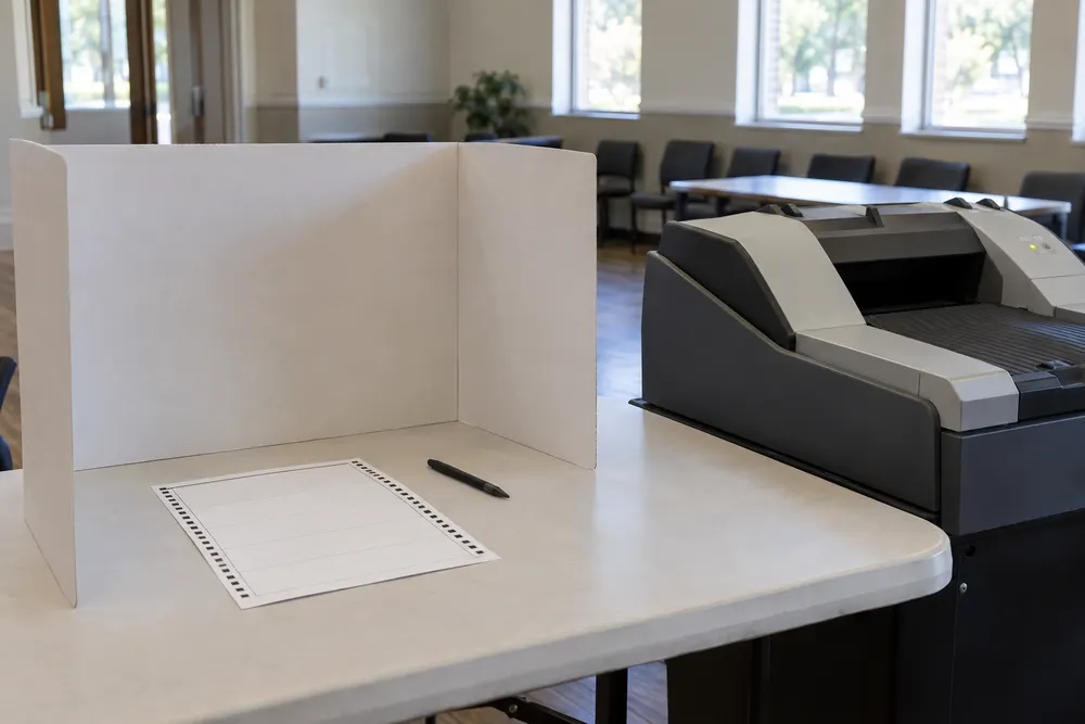 A generic absentee voting setup with a blank paper ballot, privacy folder and optical scanner in a quiet civic office