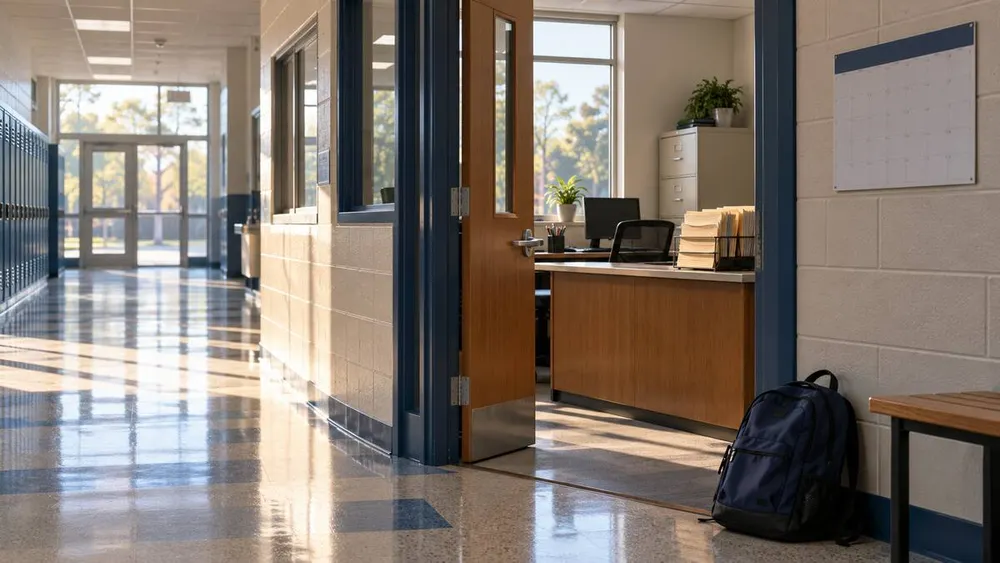 A quiet public school corridor beside an open attendance office, with blank files and a student backpack in morning light.
