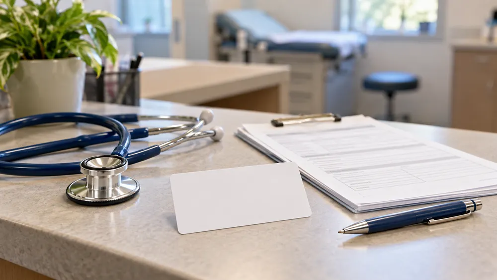 Illustrative clinic intake desk with a stethoscope, blank health-insurance card and generic eligibility forms under soft daylight.
