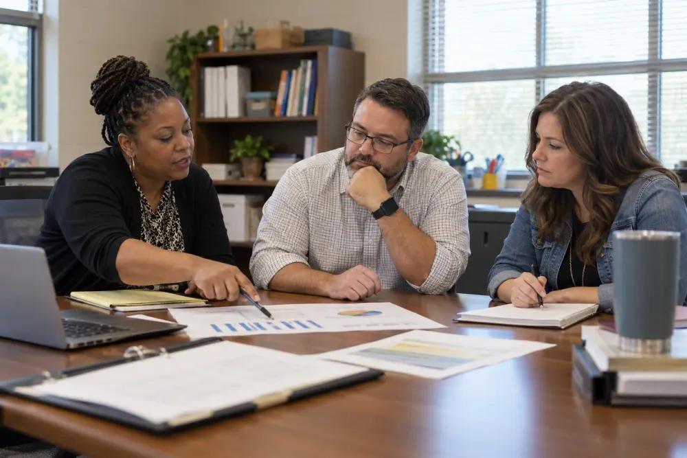 Three public-school educators review budget charts during a district planning meeting.