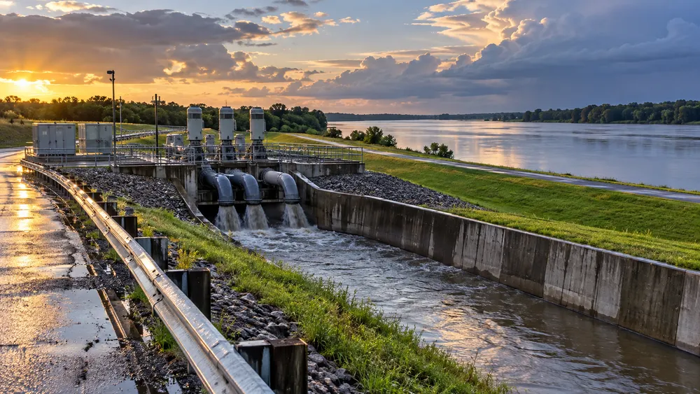 Flood-control infrastructure beside a Mississippi waterway after rainfall.