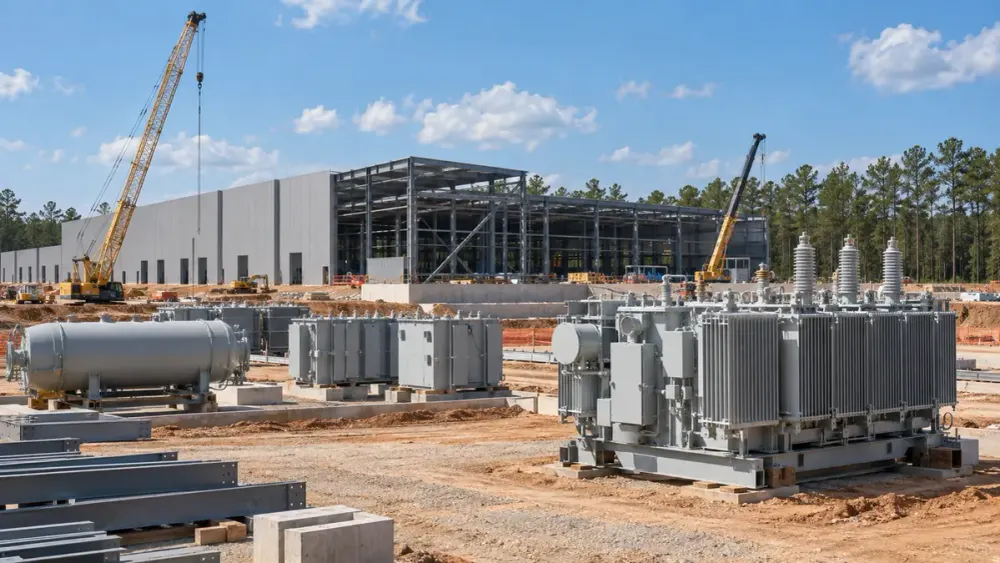 Illustrative transformer manufacturing facility under construction near Mississippi pine woods