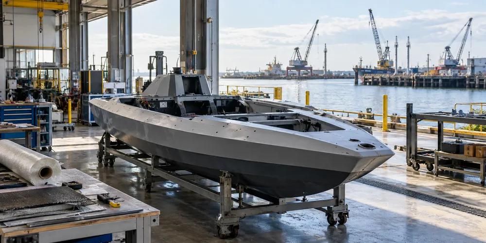 Illustrative autonomous vessel hull in a Gulf Coast maritime manufacturing facility