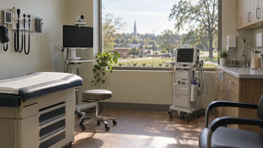Modern diagnostic and telehealth equipment in a sunlit rural medical examination room