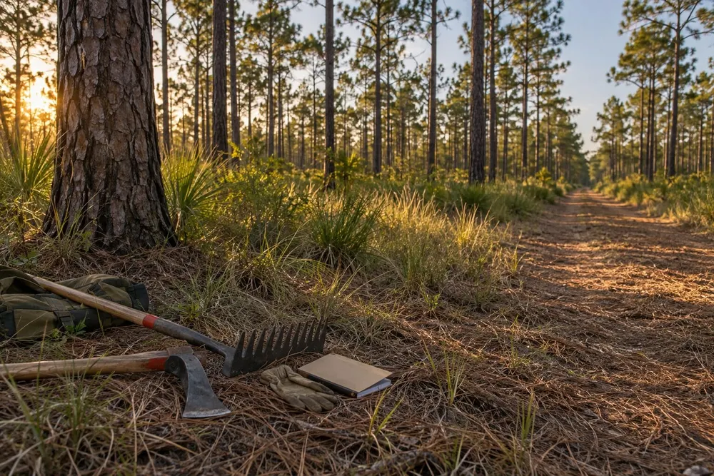 Illustrative view of a maintained firebreak and forestry tools in a Mississippi longleaf pine woodland.