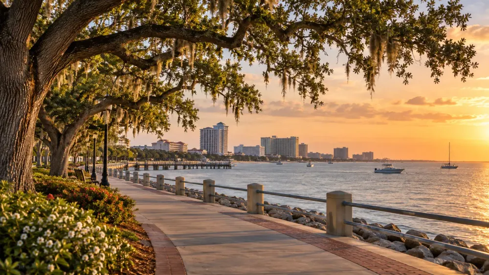 Mississippi Gulf Coast waterfront promenade beneath live oak trees at sunset