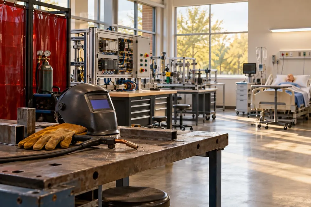 A generic community-college technical lab with welding, industrial controls and healthcare training equipment.