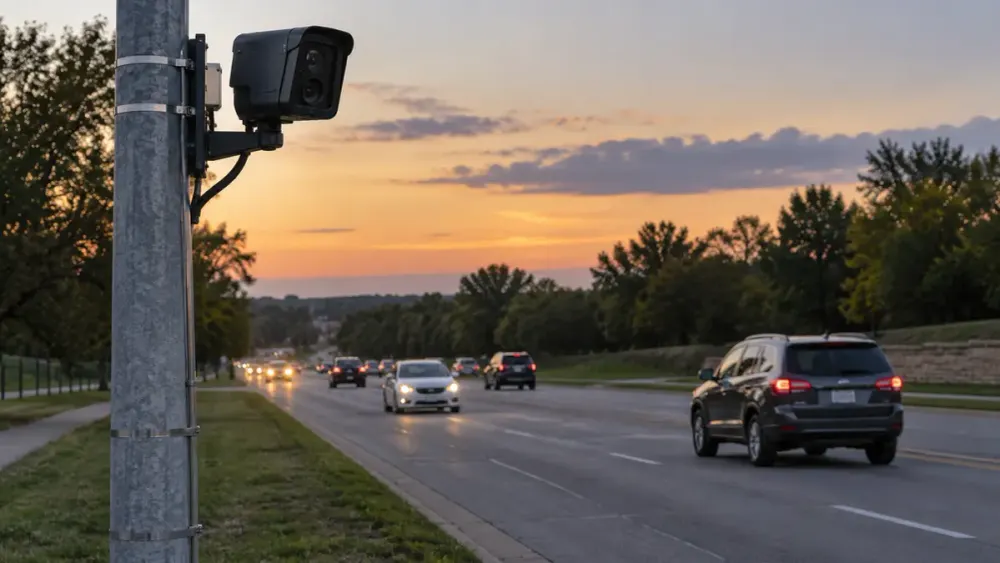 Generic automated license-plate reader mounted beside a Missouri roadway with vehicles passing at dusk