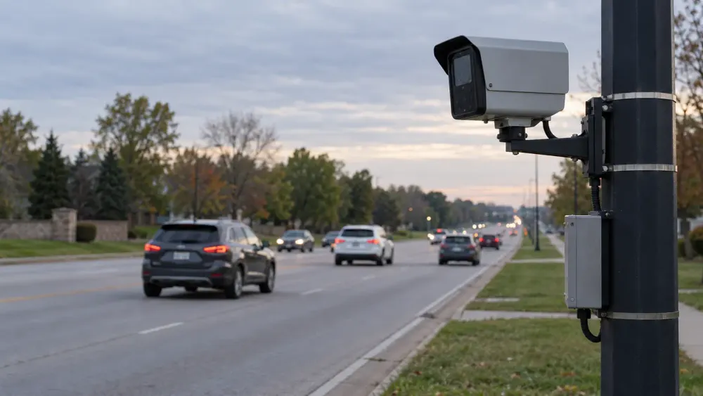 An unbranded license plate reader camera beside a suburban Missouri roadway.