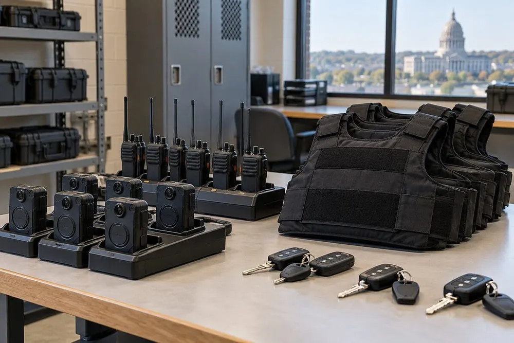 Body cameras, radios, safety vests and vehicle keys arranged in a municipal public-safety equipment room.