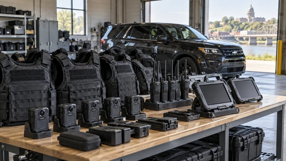 Ballistic vests, body cameras, radios and mobile data terminals arranged in a municipal equipment bay