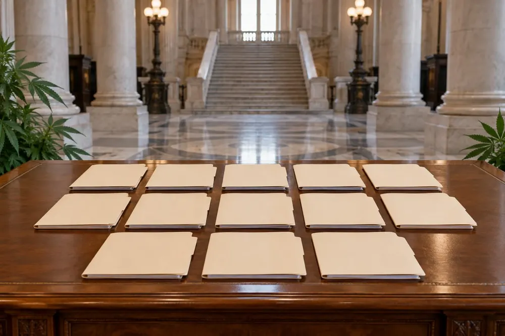 Thirteen blank license folders arranged on a legal desk inside a symbolic courthouse, with cannabis leaves at the edges.