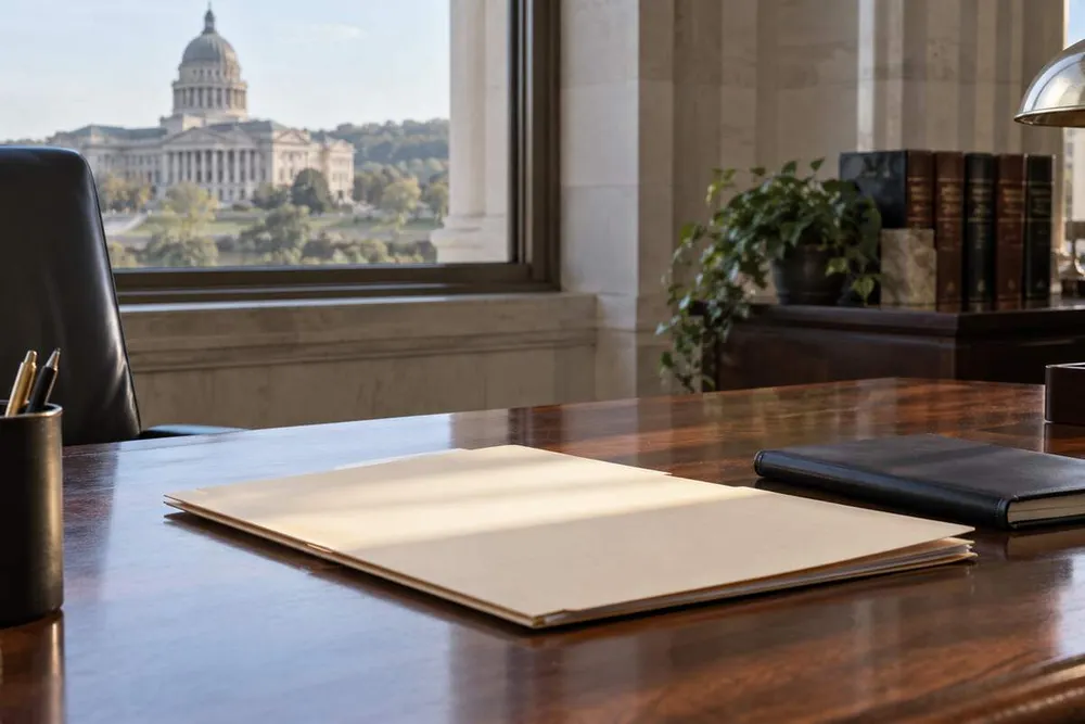 Conceptual view of an empty government office desk with an unmarked legal file near the Missouri Capitol