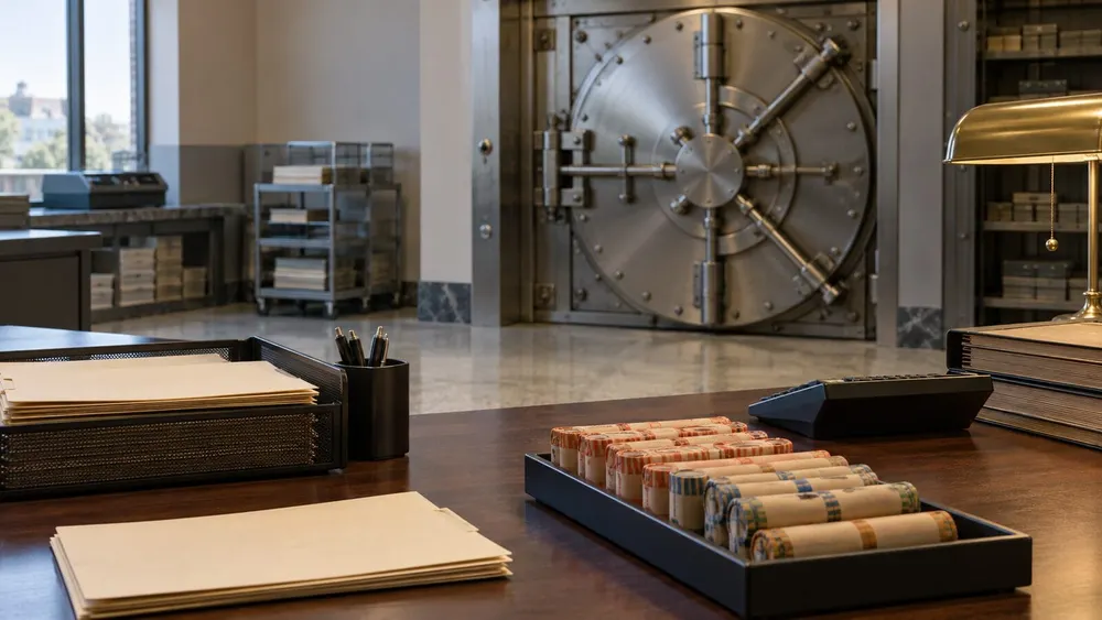 A generic government treasury workroom with a secure vault, plain ledgers and rolled coins.