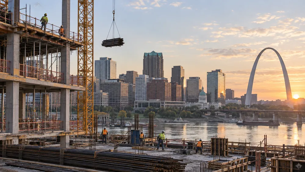 An active construction site beside a modern Missouri business district in early morning light.