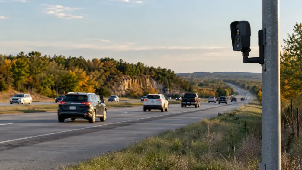 Traffic passing a generic automated license plate reader beside a Missouri roadway