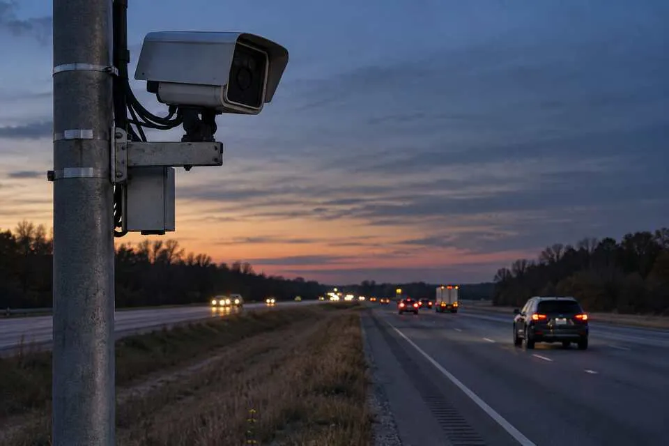Unbranded roadside traffic camera beside a divided highway at dusk