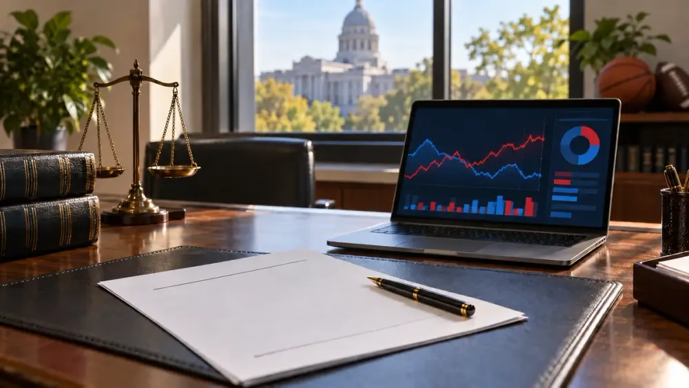 Illustrative regulatory office with blank documents, market charts and sports equipment