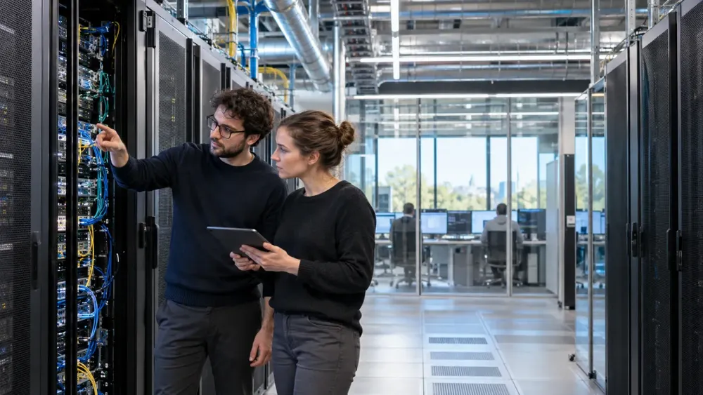 Two engineers inspect server equipment in a modern high-performance computing data center.