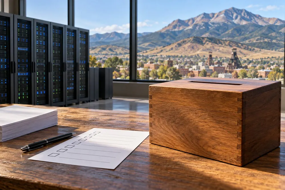 A blank ballot and wooden ballot box beside server racks, with a symbolic Butte mountain landscape visible through a window.