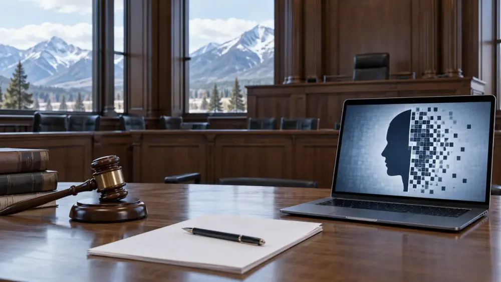 Illustrative empty Montana courtroom with a pixelated synthetic profile on a laptop