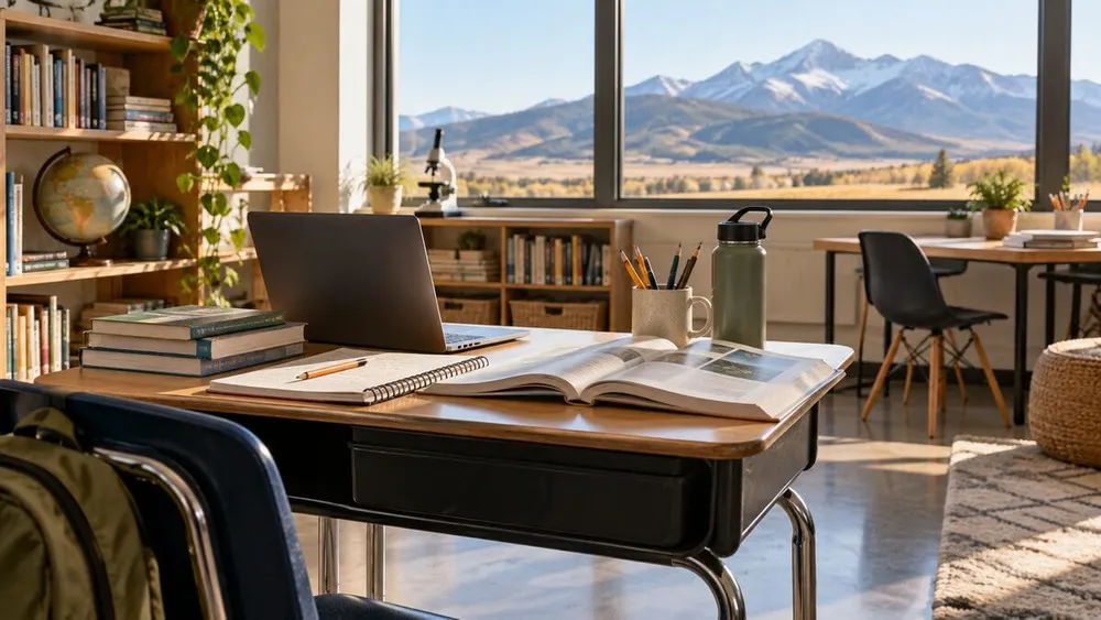 Books, a laptop and study materials on a classroom desk overlooking Montana mountain foothills.
