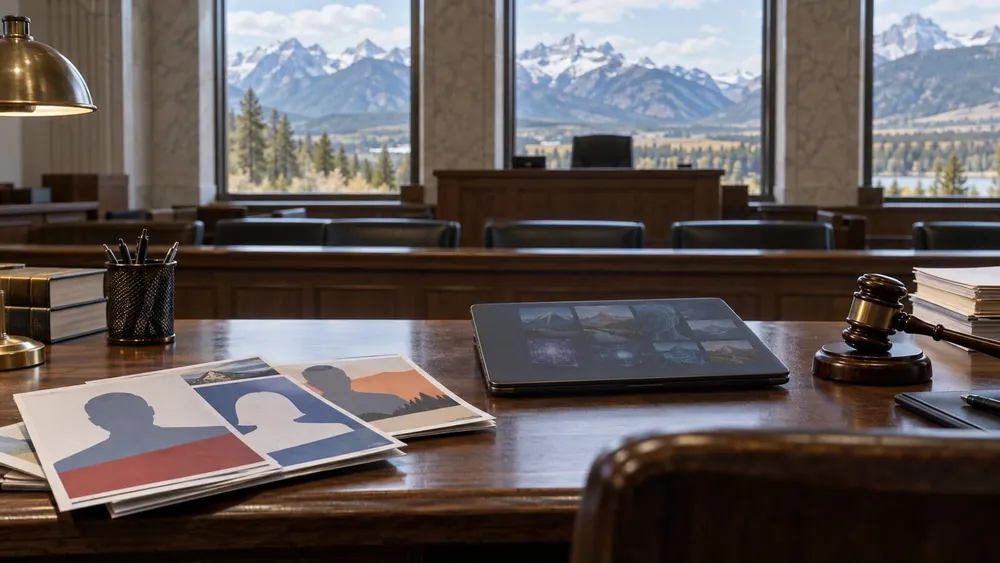 Abstract political mailers, a laptop and a gavel on a courtroom desk with mountain views