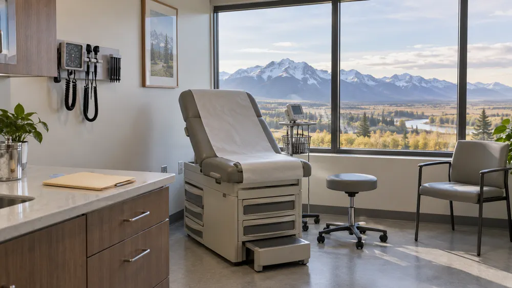 Empty clinical consultation room with a mountain view and a blank patient folder
