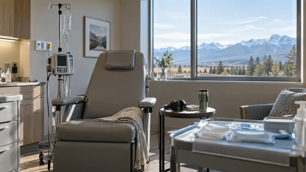 An unbranded Montana clinical treatment room with headphones and mountain light
