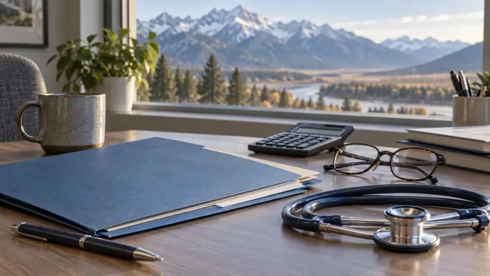 Unbranded health-benefits materials, calculator and stethoscope on a desk overlooking Montana mountains