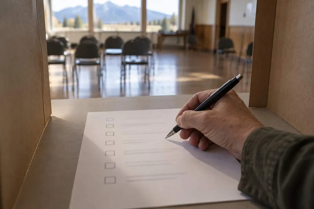 Voter marking an abstract ballot in a Montana community hall