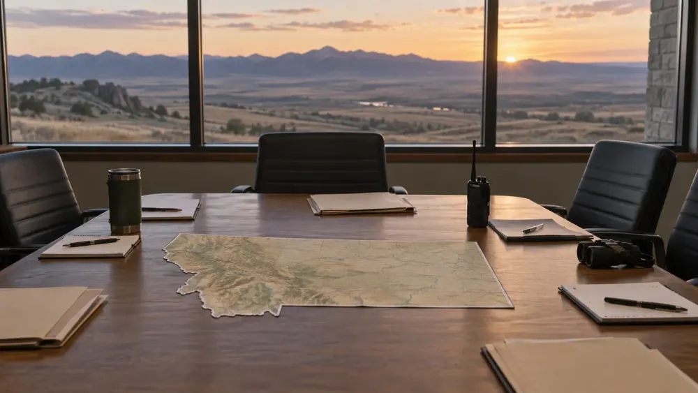 A conference table with a Montana map, radio and case folders overlooking the high plains at dawn