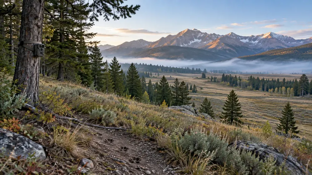 Montana mountain habitat with an unbranded wildlife trail camera mounted on a tree.