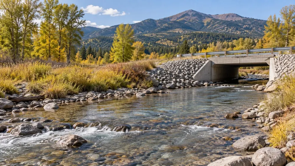 A generic Montana mountain stream flowing beneath a small unmarked public bridge in early autumn.