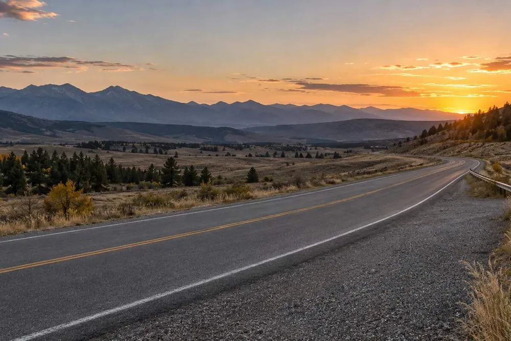 Conceptual view of an empty two-lane Montana highway crossing foothills at sunset