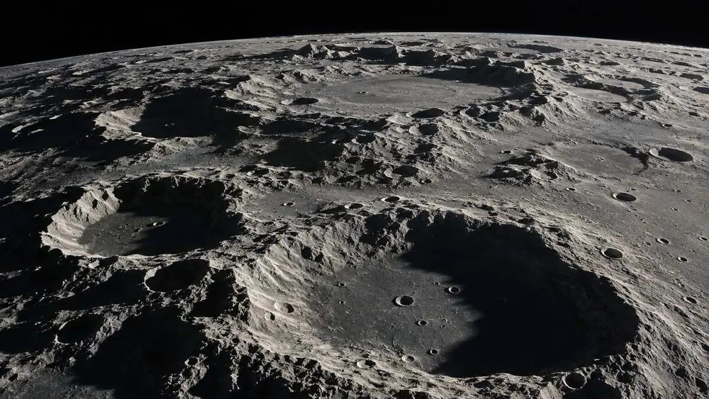 A high-altitude view of rugged cratered terrain near the Moon's south polar region