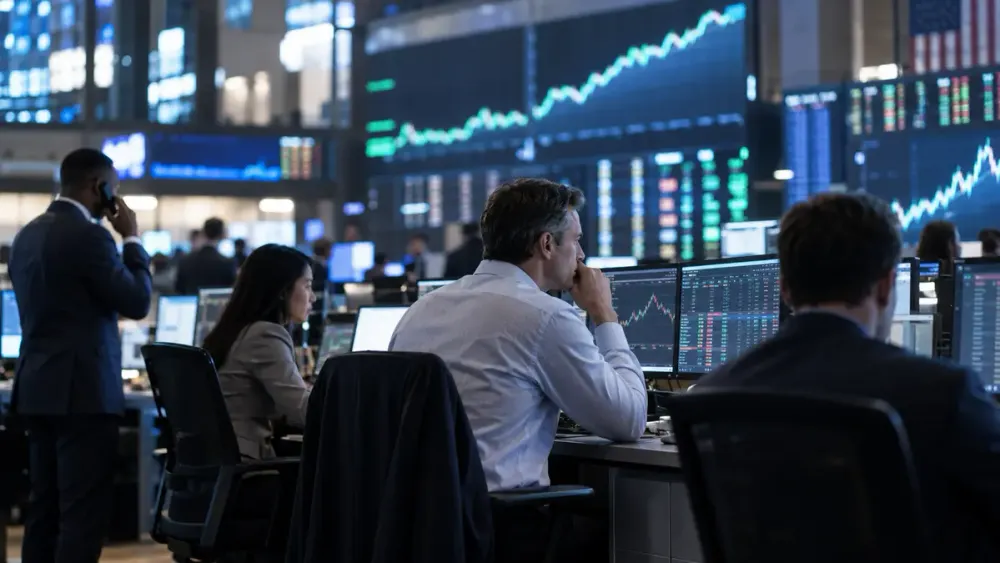 Financial professionals monitor market screens on a modern trading floor as technology shares rally
