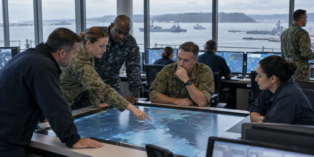 Military planners coordinate transatlantic operations in a generic command center overlooking a harbor.