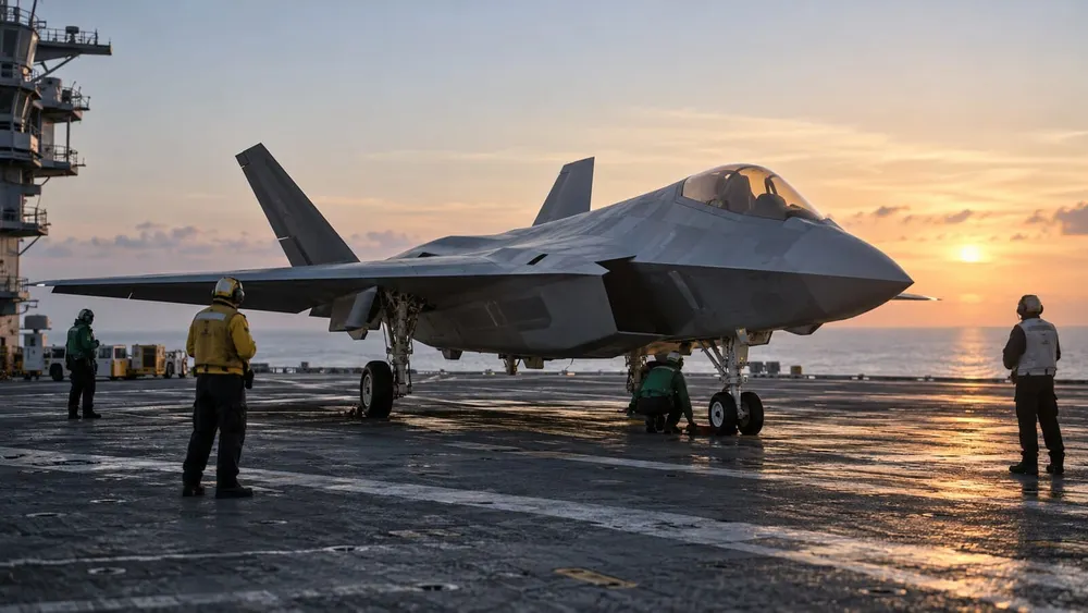 Illustrative view of a next-generation carrier aircraft on a flight deck at dawn.