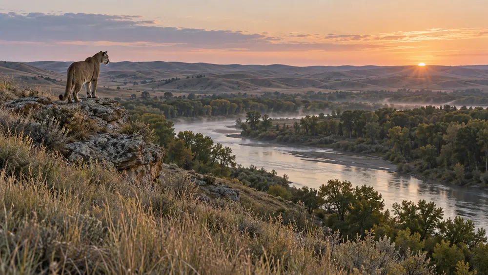 Mountain lion on a rocky rise above Nebraska's Niobrara River valley at dawn